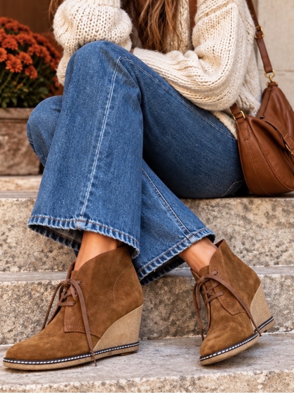 J. Crew MacAlister Wedge Suede Booties Made in Italy Cognac Size 9 Boho Retro
